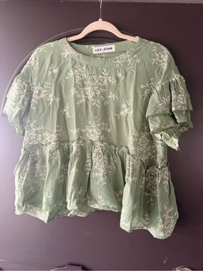 Lily Star Light Sage Green Floral Ruffle Peplum Top